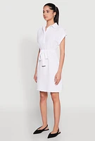 Womens Crepe Knit Tie Waist Belted Shirt Dress, White, Size L