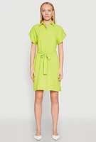 Womens Crepe Knit Tie Waist Belted Shirt Dress, Green, Size M