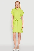 Womens Crepe Knit Tie Waist Belted Shirt Dress, Green, Size S