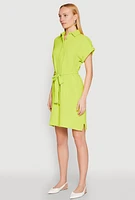 Womens Crepe Knit Tie Waist Belted Shirt Dress, Green, Size M