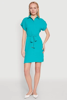 Womens Crepe Knit Tie Waist Belted Shirt Dress,