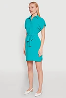 Womens Crepe Knit Tie Waist Belted Shirt Dress,