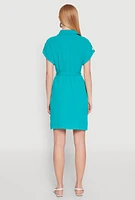 Womens Crepe Knit Tie Waist Belted Shirt Dress,