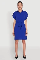 Womens Crepe Knit Tie Waist Belted Shirt Dress,