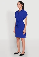 Womens Crepe Knit Tie Waist Belted Shirt Dress,