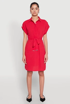 Womens Crepe Knit Tie Waist Belted Shirt Dress, Red, Size S