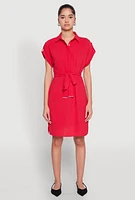 Womens Crepe Knit Tie Waist Belted Shirt Dress, Red, Size S