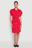 Womens Crepe Knit Tie Waist Belted Shirt Dress, Red, Size S
