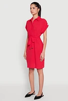 Womens Crepe Knit Tie Waist Belted Shirt Dress, Red, Size S
