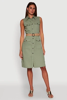 Womens O Ring Belted Sleeveless Utility Dress, Green, Size S