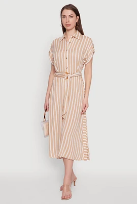Womens Chic Striped Shirt Dress with O Ring Tie Waist Belt, Beige, Size XL