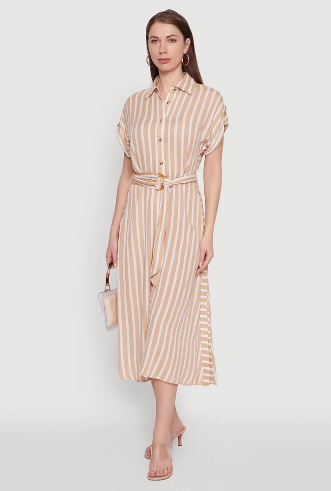 Womens Chic Striped Shirt Dress with O Ring Tie Waist Belt,