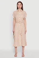 Womens Chic Striped Shirt Dress with O Ring Tie Waist Belt,