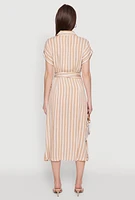Womens Chic Striped Shirt Dress with O Ring Tie Waist Belt,