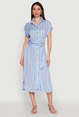 Womens Chic Striped Shirt Dress with O Ring Tie Waist Belt, Blue, Size L