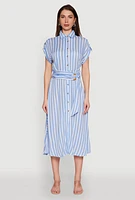 Womens Chic Striped Shirt Dress with O Ring Tie Waist Belt, Blue, Size L