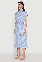 Womens Chic Striped Shirt Dress with O Ring Tie Waist Belt, Blue, Size L