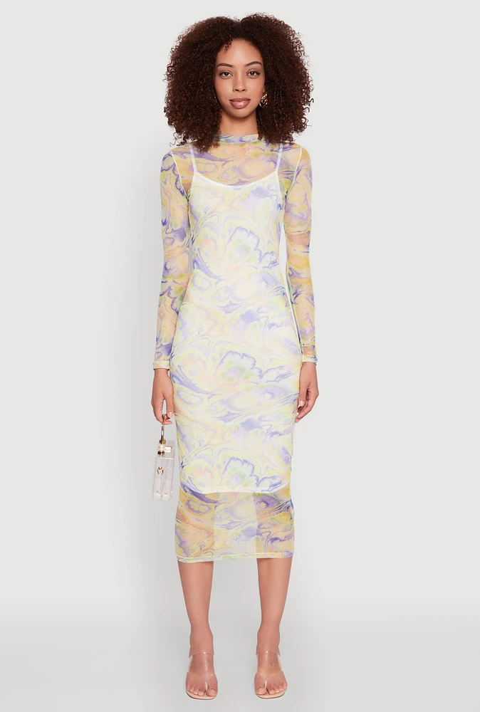 Womens Marble Print Mesh Long Sleeve Midi Dress, Multi, Size L