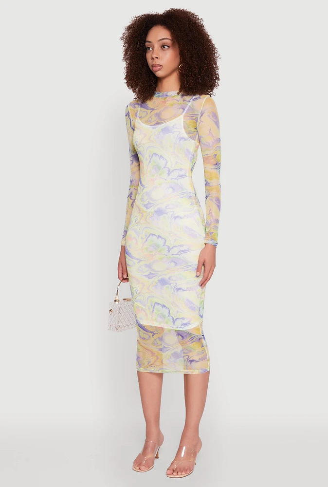 Womens Marble Print Mesh Long Sleeve Midi Dress, Multi, Size L