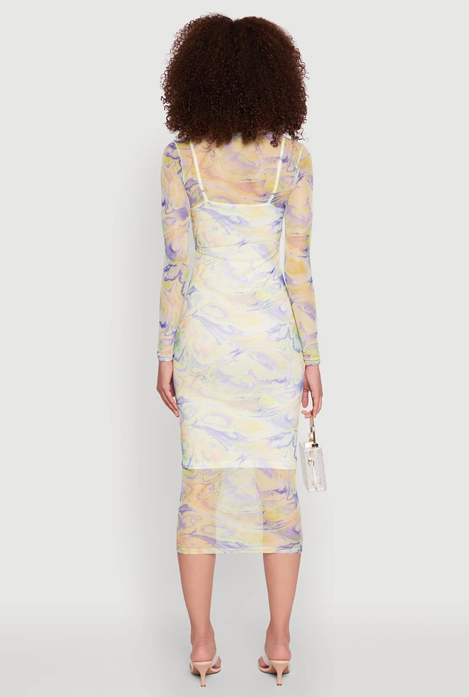Womens Marble Print Mesh Long Sleeve Midi Dress, Multi, Size L