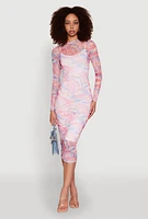 Womens Marble Print Mesh Long Sleeve Midi Dress, Multi, Size M