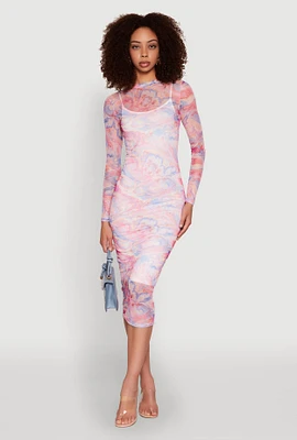 Womens Marble Print Mesh Long Sleeve Midi Dress, Multi,