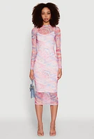 Womens Marble Print Mesh Long Sleeve Midi Dress, Multi, Size M
