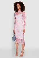 Womens Marble Print Mesh Long Sleeve Midi Dress, Multi, Size M