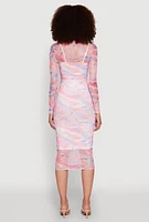 Womens Marble Print Mesh Long Sleeve Midi Dress, Multi, Size M