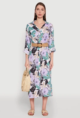 Womens Floral Button Front Belted Shirt Dress, Multi, Size XL