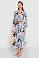 Womens Floral Button Front Belted Shirt Dress, Multi, Size XL