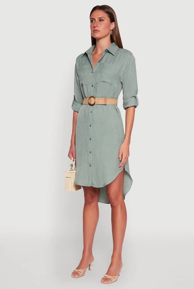 Womens High Low Shirt Dress, Green, Size S