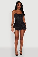 Womens Trendy Acid Wash Corset Romper with Tiered Ruffles, Black, Size XL