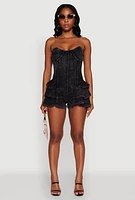 Womens Trendy Acid Wash Corset Romper with Tiered Ruffles, Black, Size XL