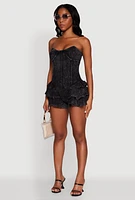 Womens Trendy Acid Wash Corset Romper with Tiered Ruffles, Black, Size XL