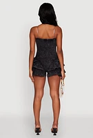 Womens Trendy Acid Wash Corset Romper with Tiered Ruffles, Black, Size XL