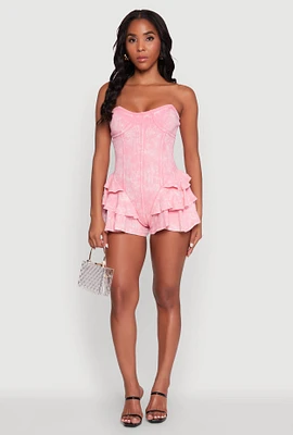 Womens Trendy Acid Wash Corset Romper with Tiered Ruffles, Pink,
