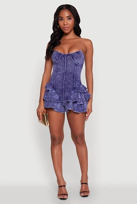 Womens Trendy Acid Wash Corset Romper with Tiered Ruffles, Blue, Size L