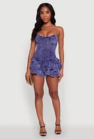 Womens Trendy Acid Wash Corset Romper with Tiered Ruffles, Blue, Size L