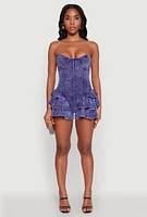 Womens Trendy Acid Wash Corset Romper with Tiered Ruffles, Blue, Size L