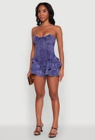 Womens Trendy Acid Wash Corset Romper with Tiered Ruffles, Blue, Size L