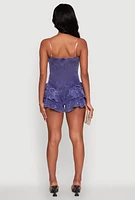 Womens Trendy Acid Wash Corset Romper with Tiered Ruffles, Blue, Size L