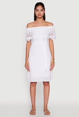 Womens Chic Off the Shoulder Crochet Sundress with Tie Waist Belt, White, Size L