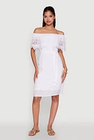 Womens Chic Off the Shoulder Crochet Sundress with Tie Waist Belt, White, Size L