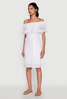 Womens Chic Off the Shoulder Crochet Sundress with Tie Waist Belt, White, Size L