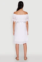 Womens Chic Off the Shoulder Crochet Sundress with Tie Waist Belt, White, Size L