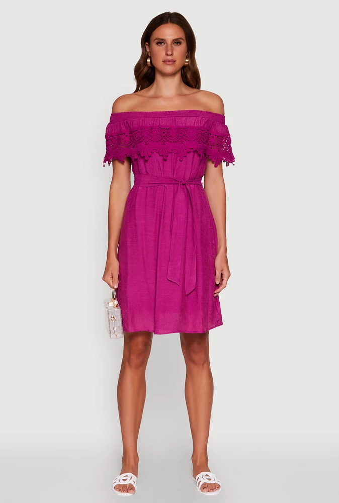 Womens Chic Off the Shoulder Crochet Sundress with Tie Waist Belt, Purple, Size S