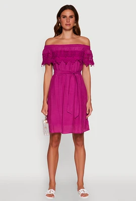 Womens Chic Off the Shoulder Crochet Sundress with Tie Waist Belt, Purple, Size S