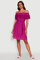 Womens Chic Off the Shoulder Crochet Sundress with Tie Waist Belt, Purple, Size S