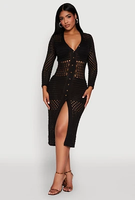 Womens Pointelle Crochet Button Front Midi Dress,